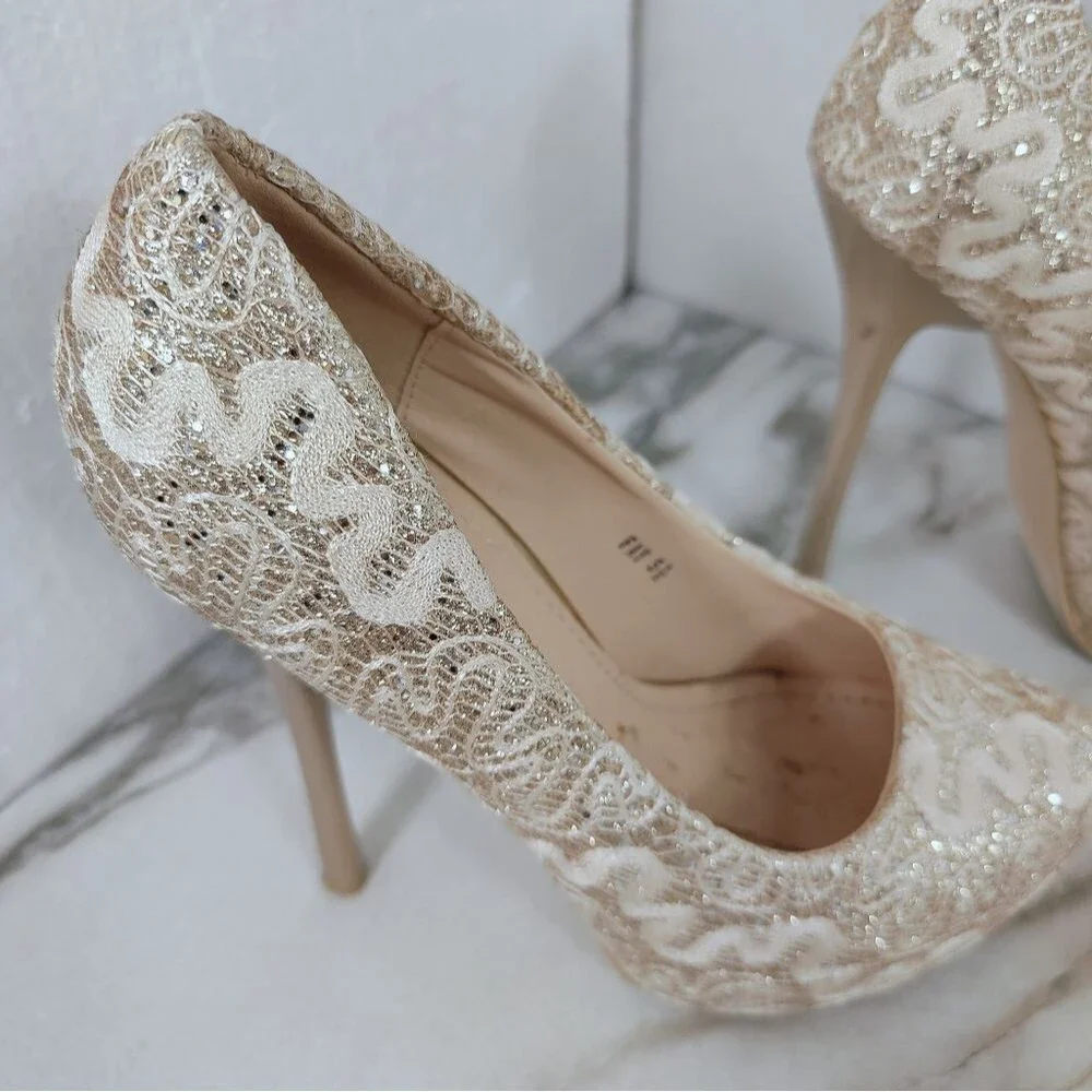 Mila Lady Fay Gold Cream Glitter Lace Platform Stiletto Heels, Sz 5.5
